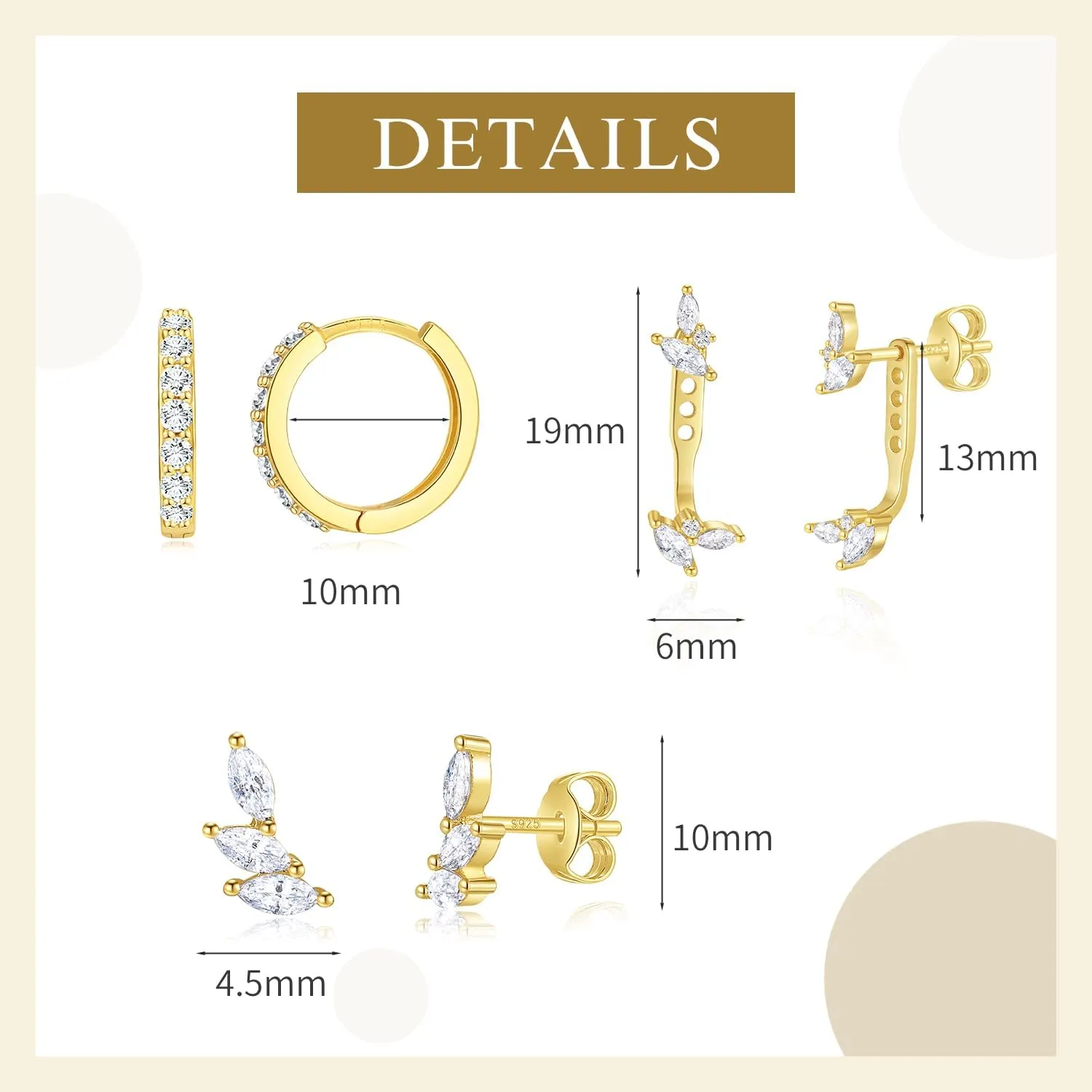SNZM S925 Earrings Set for Women, S925 Sterling Silver Dainty Huggie Hoop Earrings, 3 Pairs Hypoallergenic Earrings Trendy Small Gold Earring Stacks Multiple Piercing,Start Earrings Set