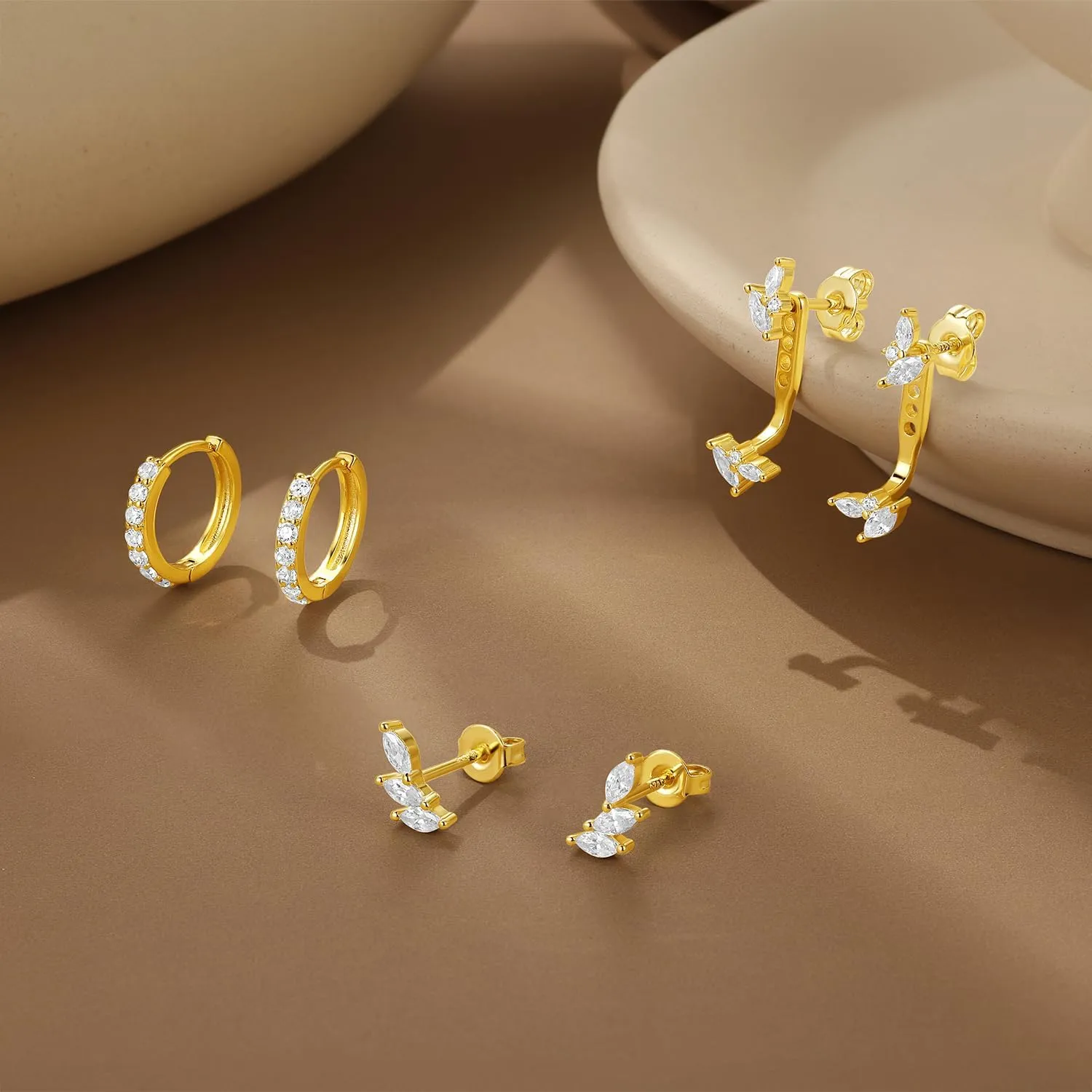 SNZM S925 Earrings Set for Women, S925 Sterling Silver Dainty Huggie Hoop Earrings, 3 Pairs Hypoallergenic Earrings Trendy Small Gold Earring Stacks Multiple Piercing,Start Earrings Set