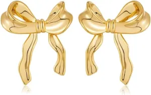 Solid 925 Sterling Silver Bow Stud Earrings, Gold Plated Ribbon Design, Women's Fashion Jewelry