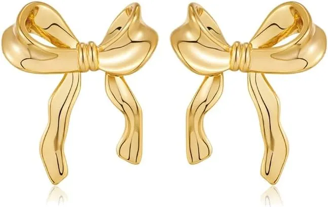 Solid 925 Sterling Silver Bow Stud Earrings, Gold Plated Ribbon Design, Women's Fashion Jewelry