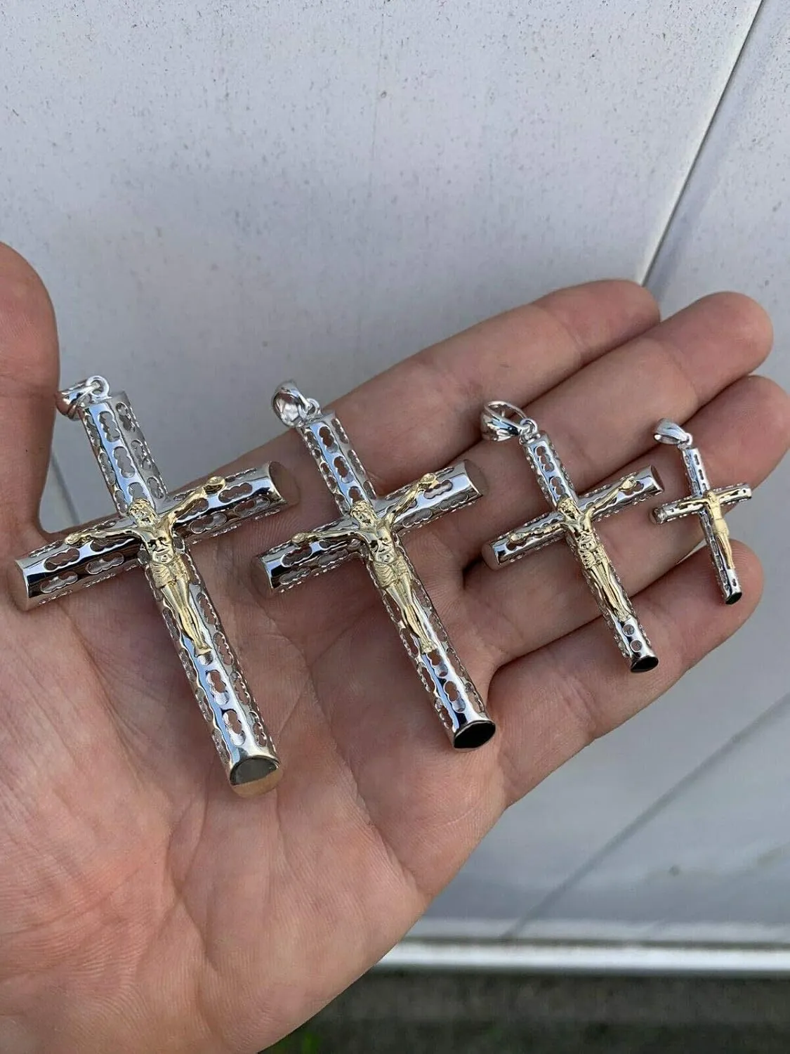 Solid 925 Sterling Silver Men's Cross With Jesus Pendant - 1-3" Small Medium Or Large Crucifix - Necklace