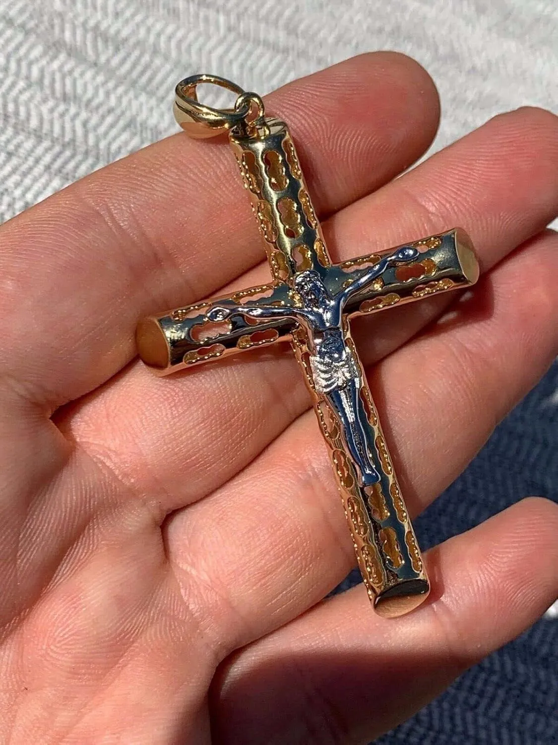Solid 925 Sterling Silver Men's Cross With Jesus Pendant - 14k Gold Plated 1-3" Small Medium Or Large Crucifix - Necklace