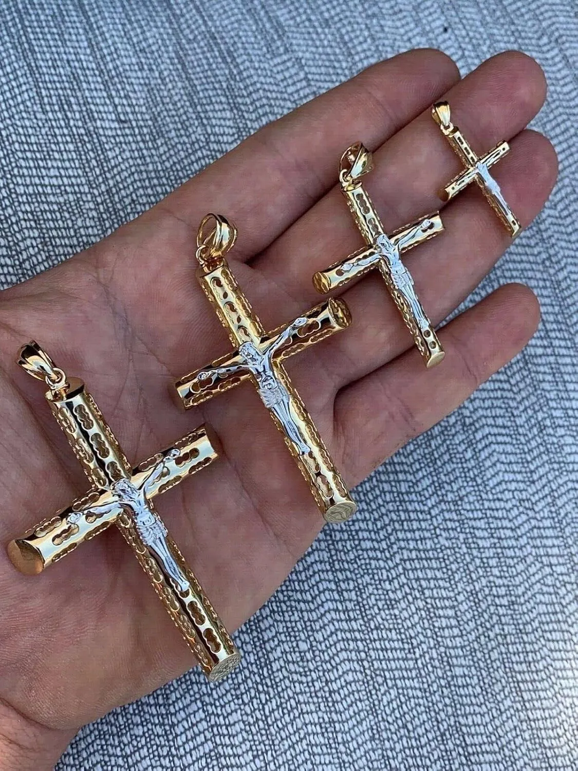 Solid 925 Sterling Silver Men's Cross With Jesus Pendant - 14k Gold Plated 1-3" Small Medium Or Large Crucifix - Necklace