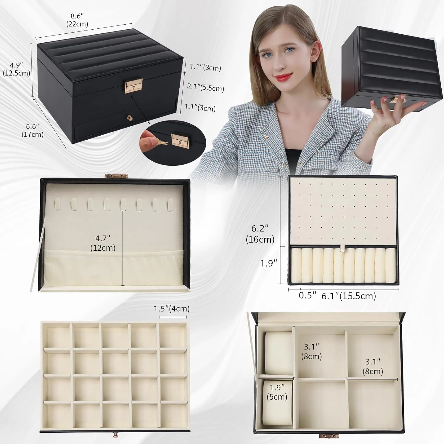 Song Xi Jewelry Box 3 Layers, Graduation Gifts Large Pu Leather Mens Jewelry Box, Jewelry Organizers And Storage For Earring, Necklace, Watches, Lockable Black Jewelry Organizer Boxes