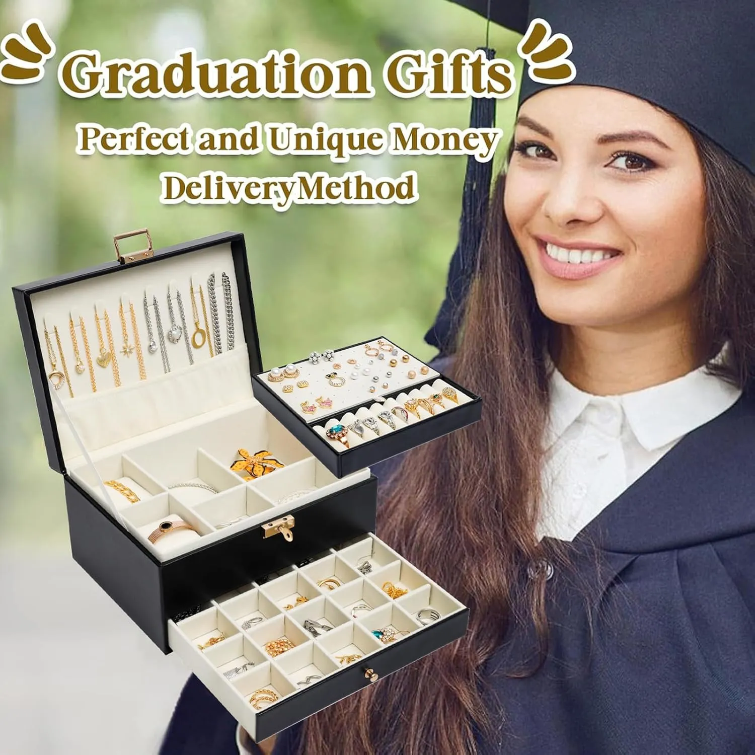 Song Xi Jewelry Box 3 Layers, Graduation Gifts Large Pu Leather Mens Jewelry Box, Jewelry Organizers And Storage For Earring, Necklace, Watches, Lockable Black Jewelry Organizer Boxes