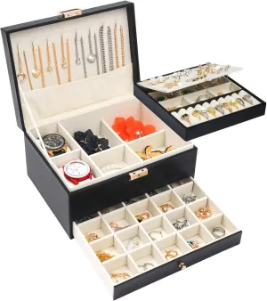 Song Xi Jewelry Box 3 Layers, Graduation Gifts Large Pu Leather Mens Jewelry Box, Jewelry Organizers And Storage For Earring, Necklace, Watches, Lockable Black Jewelry Organizer Boxes