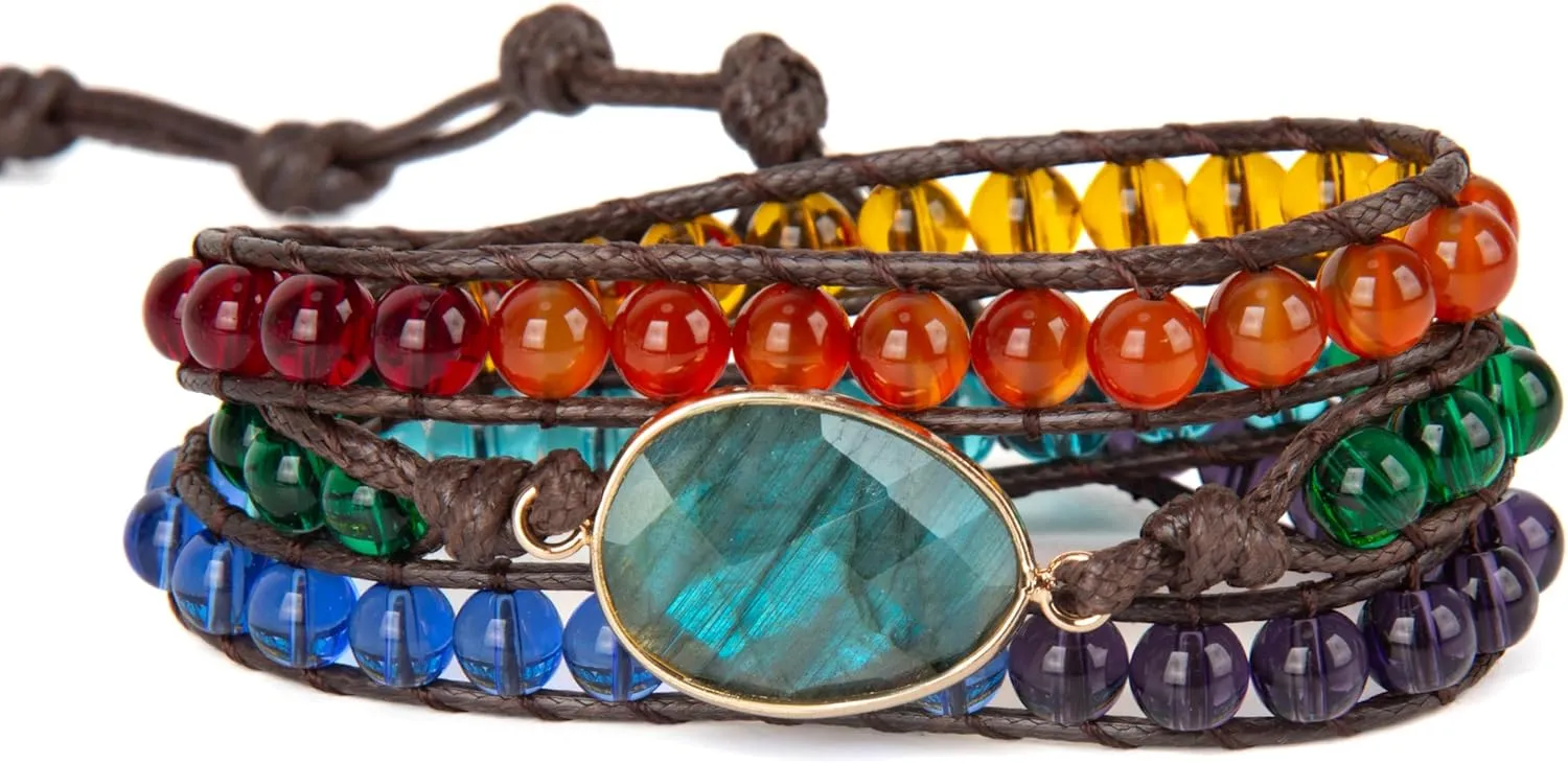 SPUNKYsoul Chakra Awareness Balancing Leather 3 Wrap Crystal Bracelet with Hematite for Women