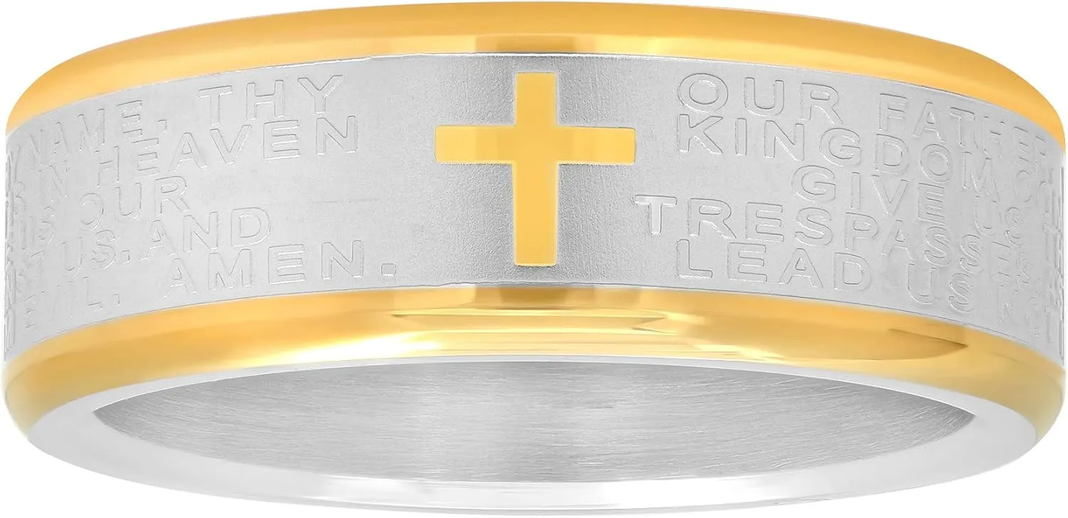Stainless Steel Ring Men's Wedding Band w/Cross and Bible Lords Prayer