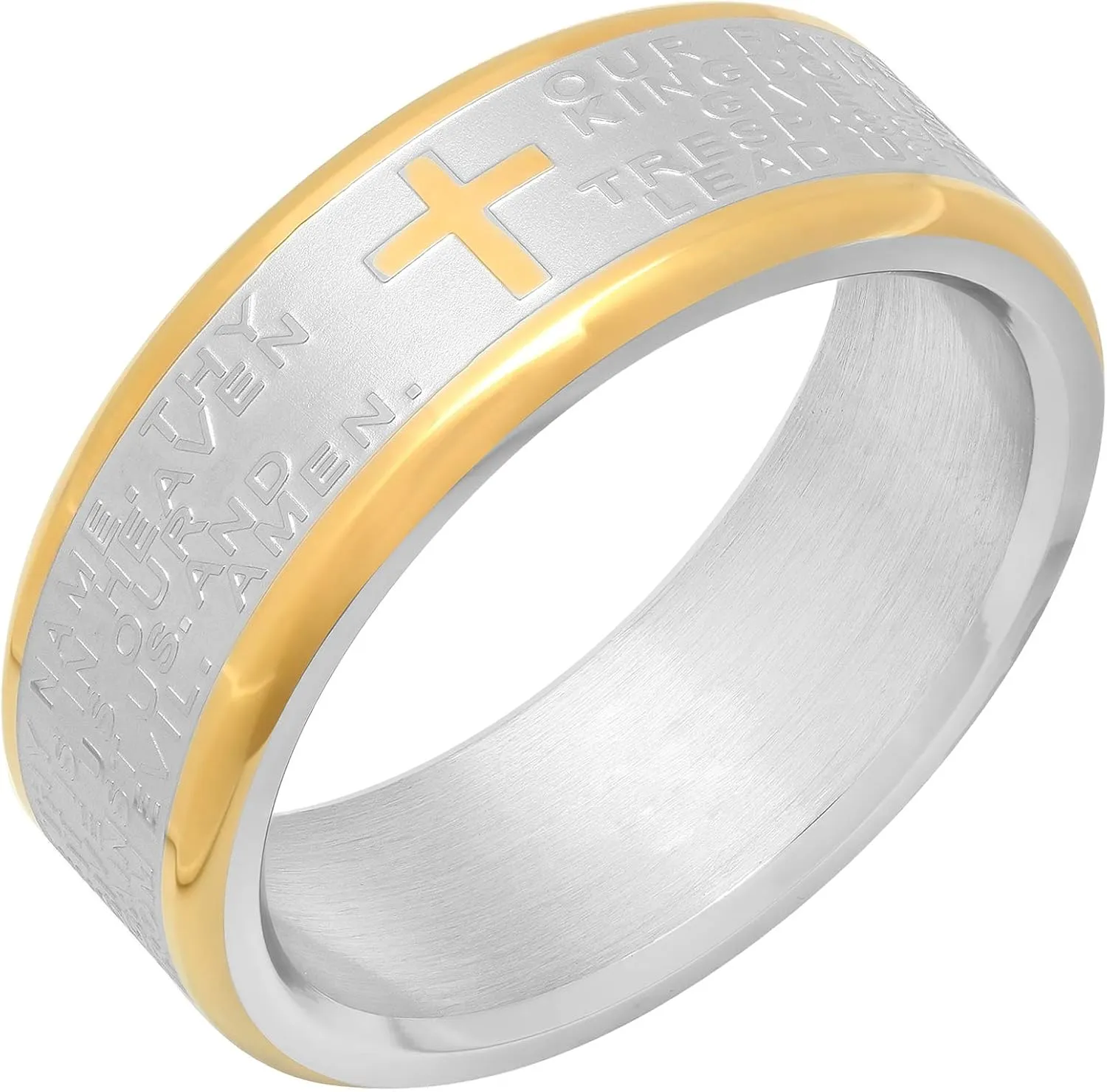Stainless Steel Ring Men's Wedding Band w/Cross and Bible Lords Prayer