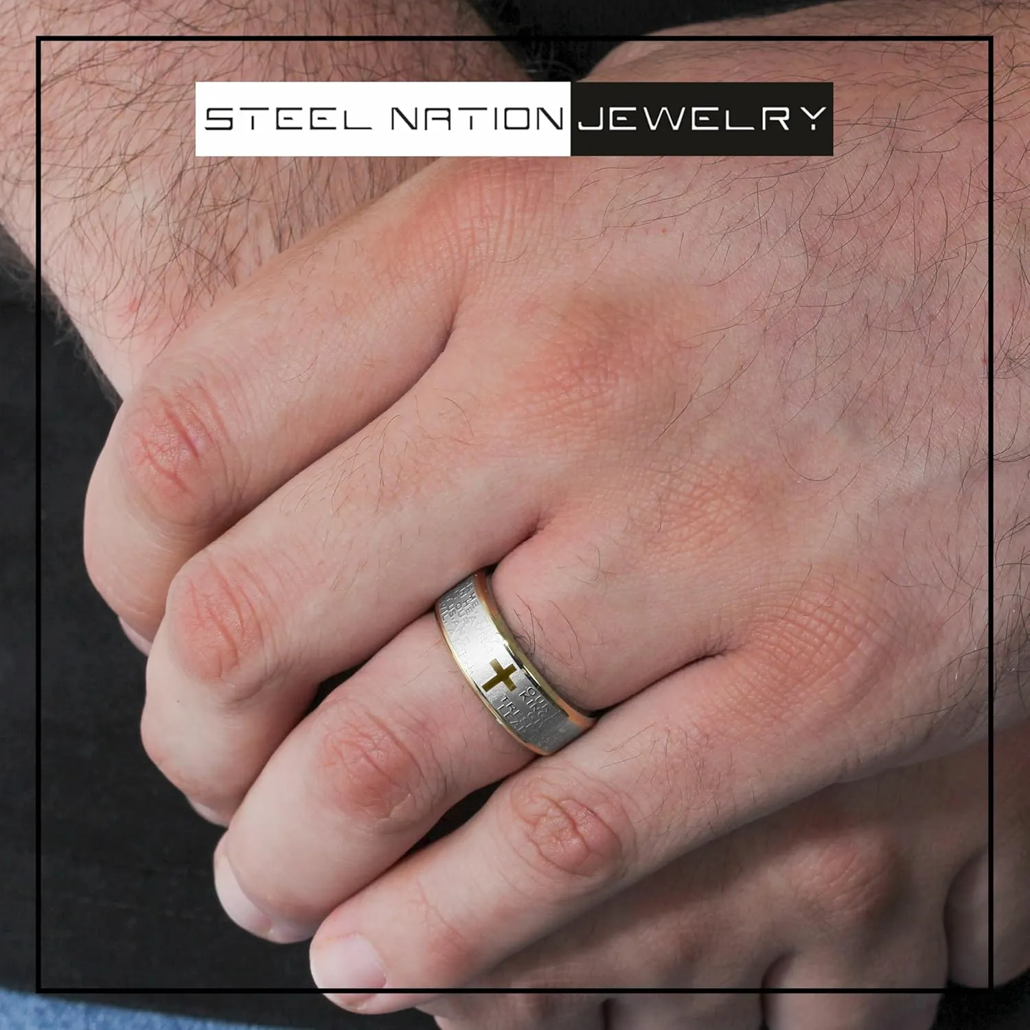 Stainless Steel Ring Men's Wedding Band w/Cross and Bible Lords Prayer