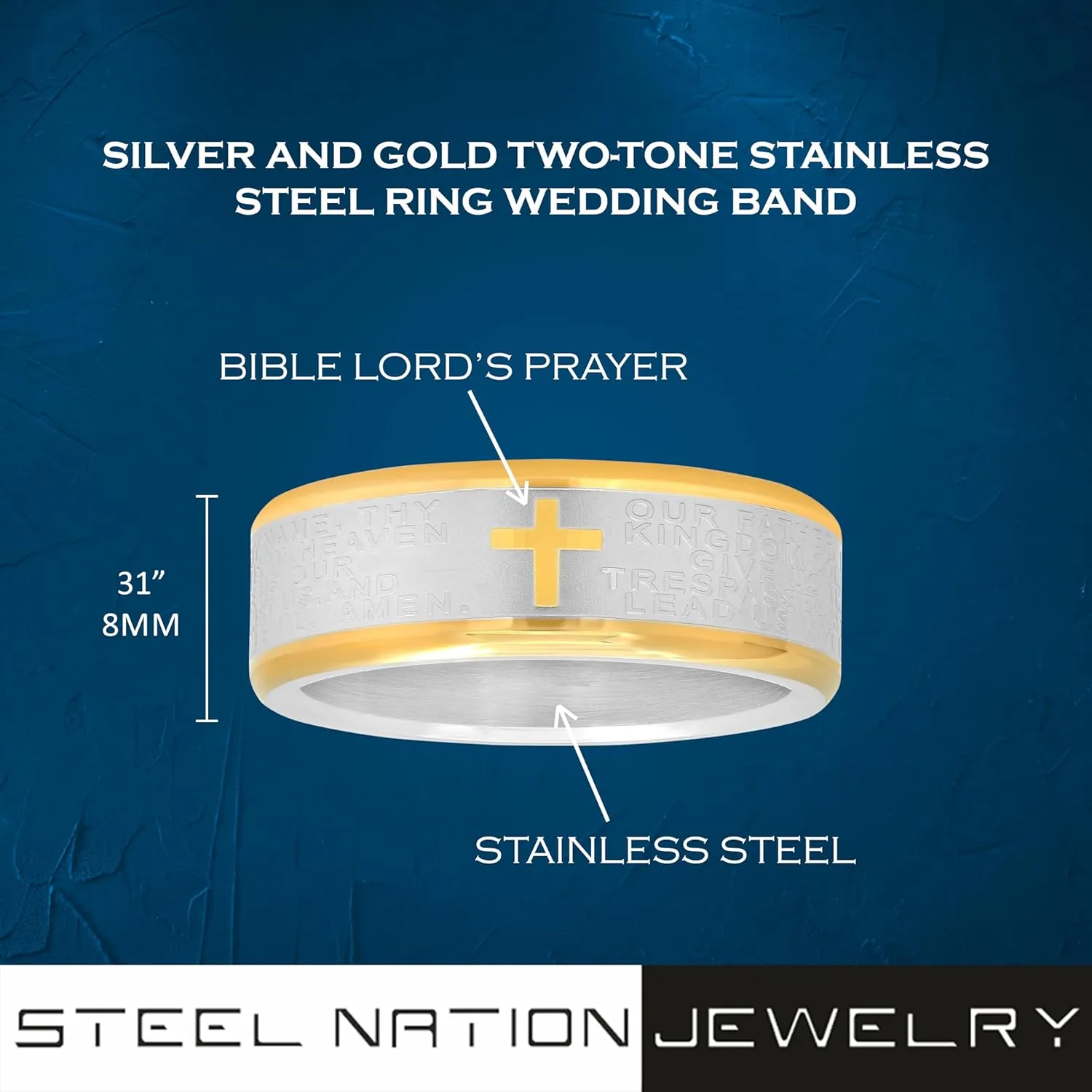 Stainless Steel Ring Men's Wedding Band w/Cross and Bible Lords Prayer