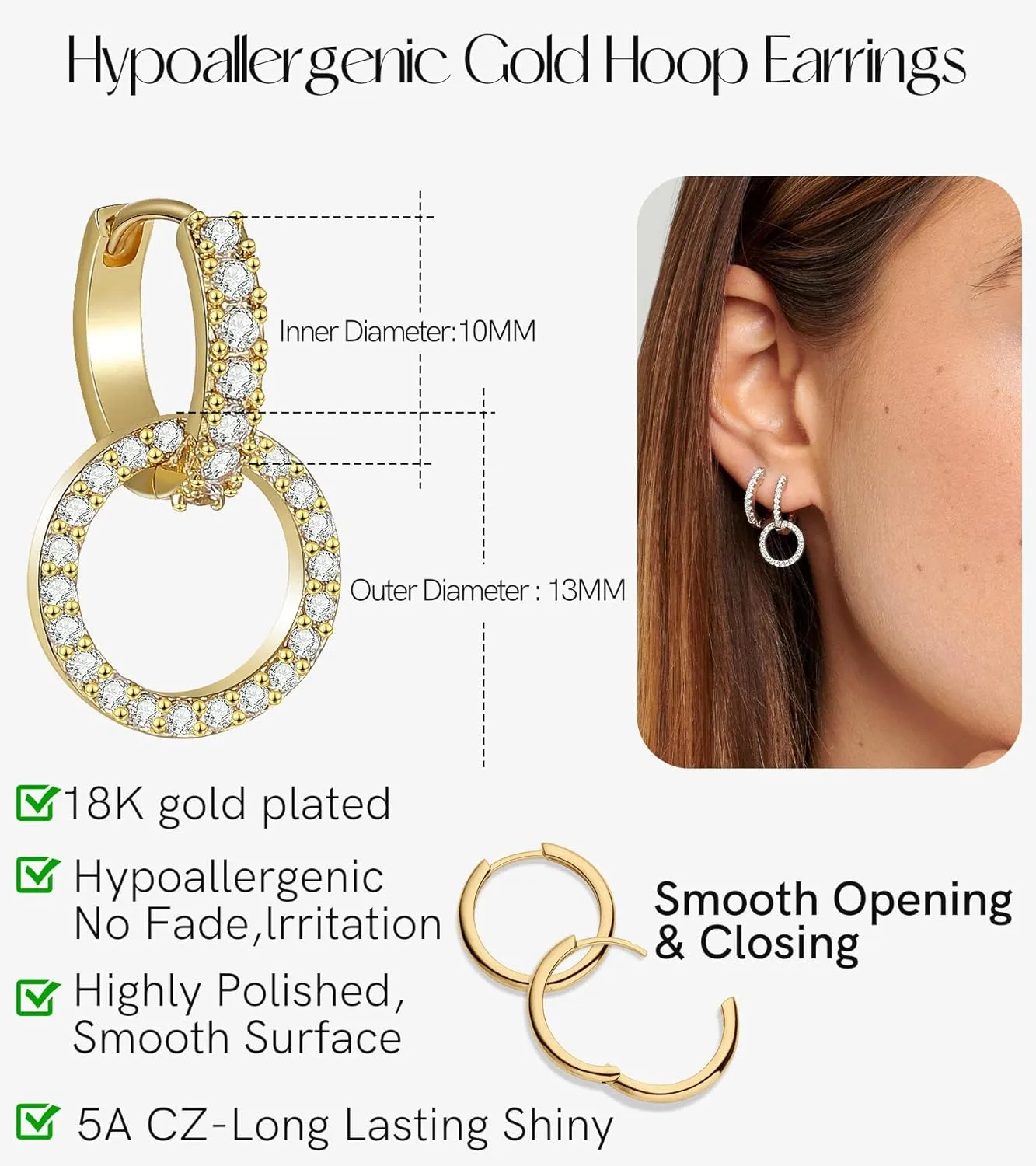 Staligue Gold Earrings for Women Trendy,18K Gold Plated Convertible Gold Double Hoop Earrings Hypoallergenic Lightweight Gold Ovate/Round Link CZ Drop Dangle Earrings Gold Jewelry for Women