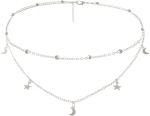 Star Moon Charm Necklace Layering Chain Choker for Women