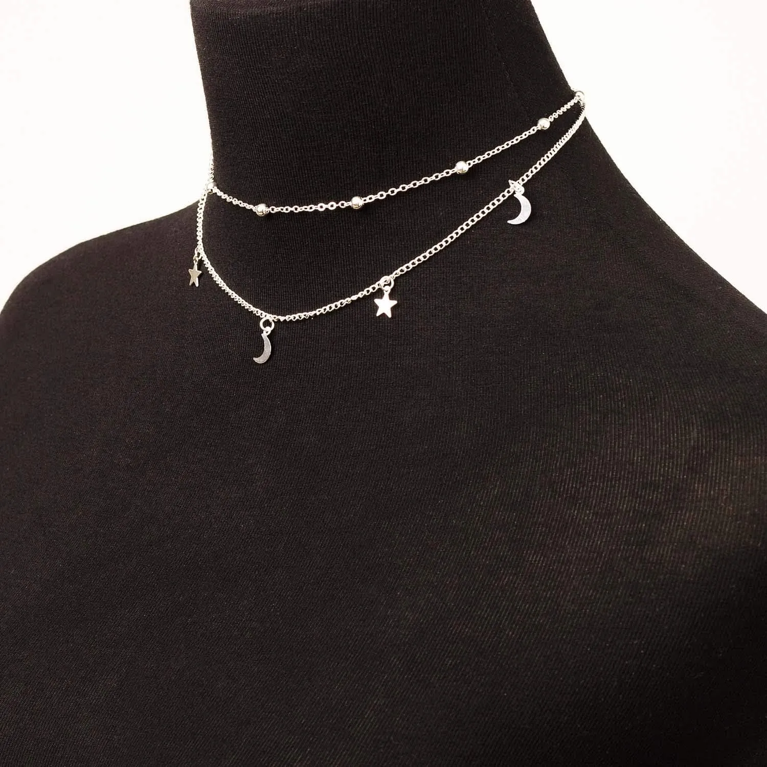 Star Moon Charm Necklace Layering Chain Choker for Women