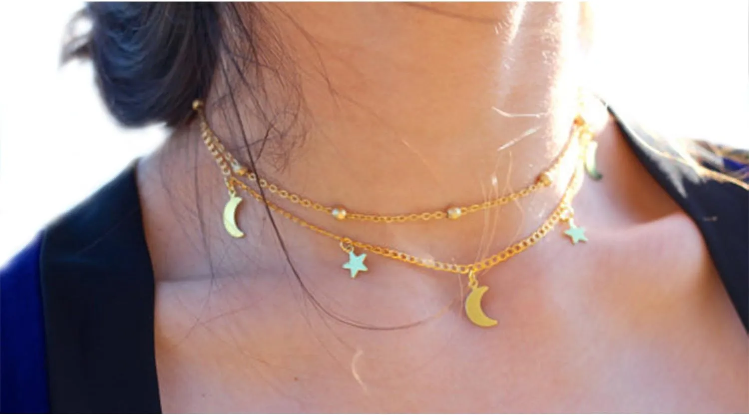 Star Moon Charm Necklace Layering Chain Choker for Women