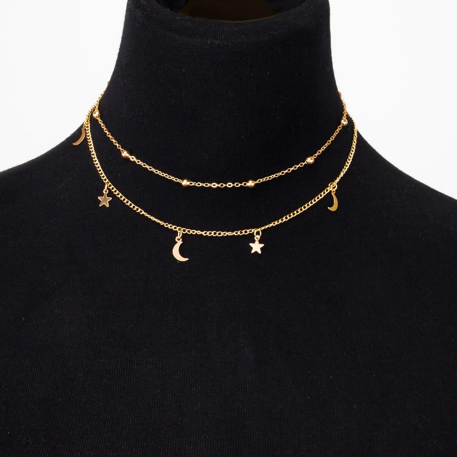 Star Moon Charm Necklace Layering Chain Choker for Women