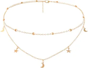 Star Moon Charm Necklace Layering Chain Choker for Women