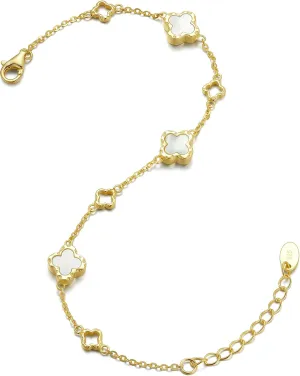 Sterling Silver 14K Gold-Plated Clover Bracelet with Mother of Pearl Four-Leaf Charm, Good Luck Gift for Women