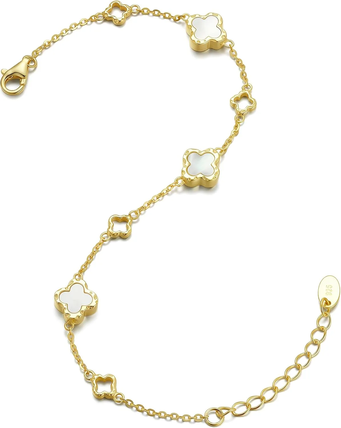 Sterling Silver 14K Gold-Plated Clover Bracelet with Mother of Pearl Four-Leaf Charm, Good Luck Gift for Women