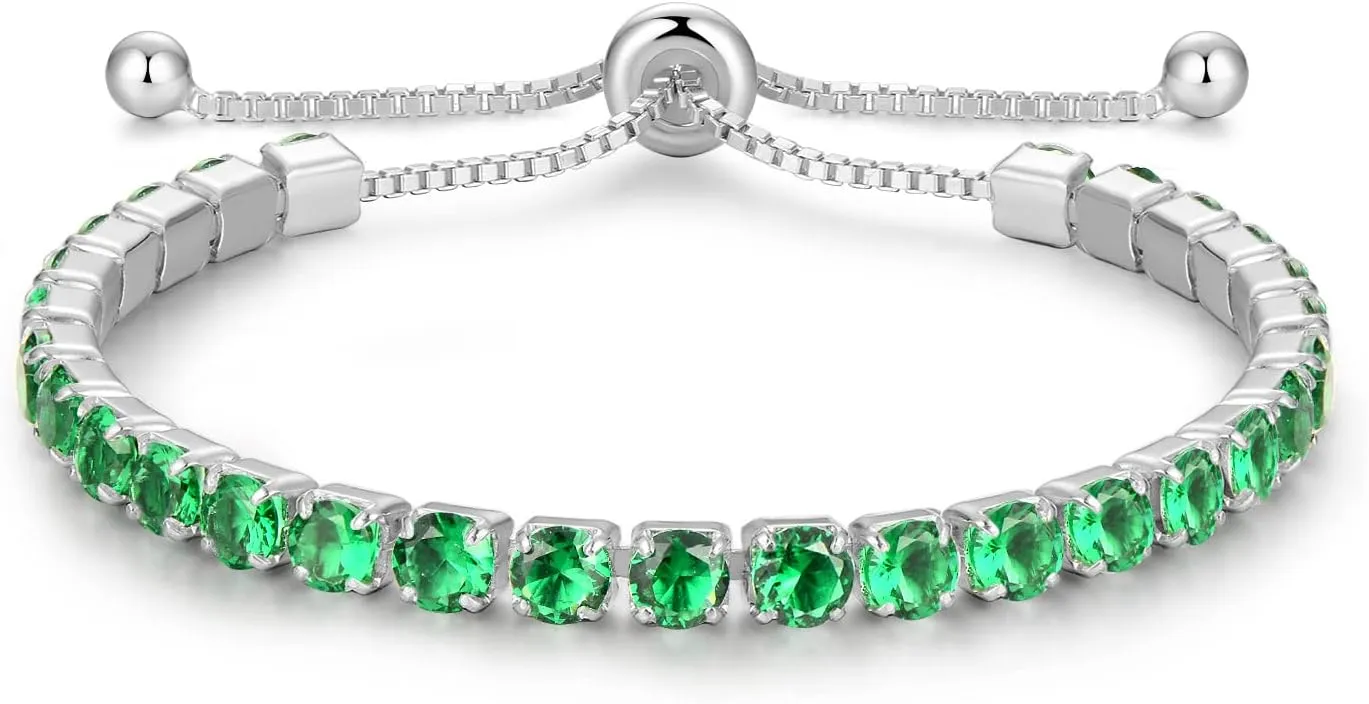 Sterling Silver Birthstone Tennis Bracelets for Women 4mm Tennis Bolo Bracelet Fashion Jewelry Birthday Gifts for Women Wife Mom Her | Adjustable Size 9"