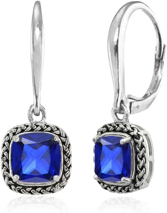 Sterling Silver Genuine or Created Gemstone Cushion-Cut 7mm Oxidized Braid Dangle Leverback Earrings