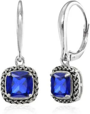 Sterling Silver Genuine or Created Gemstone Cushion-Cut 7mm Oxidized Braid Dangle Leverback Earrings