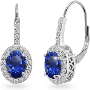 Sterling Silver Genuine or Synthetic Gemstone 8x6mm Oval Halo Drop Leverback Earrings for Women