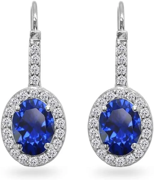 Sterling Silver Genuine or Synthetic Gemstone 8x6mm Oval Halo Drop Leverback Earrings for Women