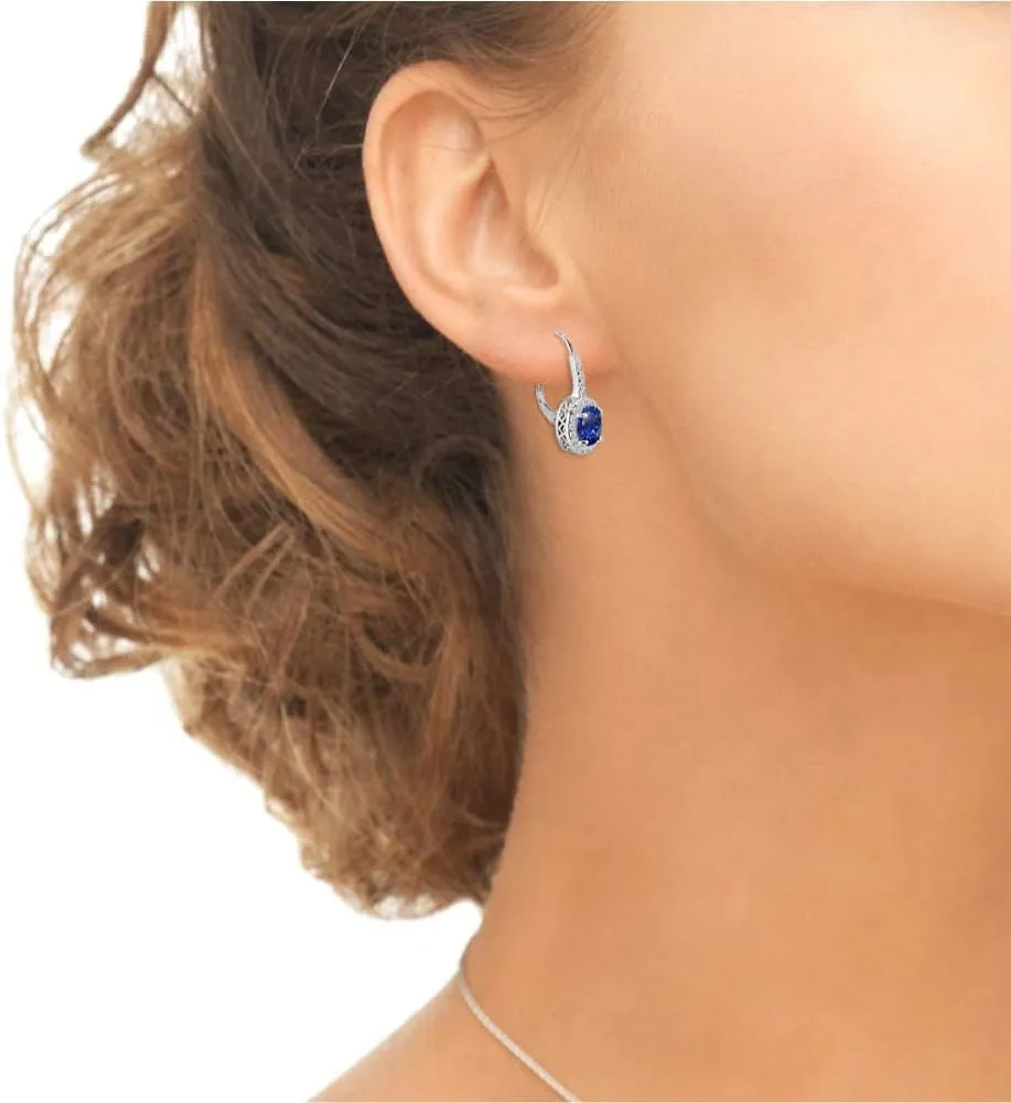 Sterling Silver Genuine or Synthetic Gemstone 8x6mm Oval Halo Drop Leverback Earrings for Women