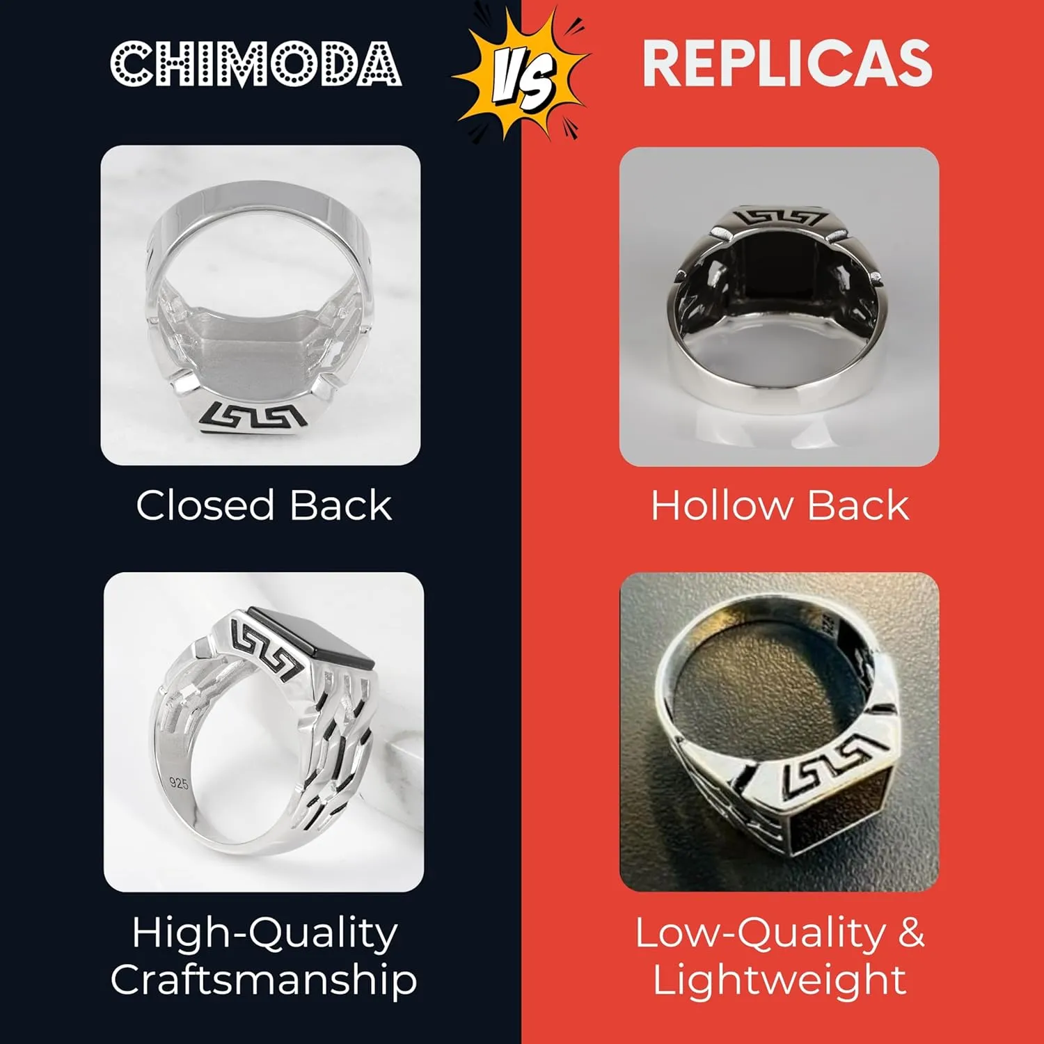 Sterling Silver Rings for Men - Cuban Link Mens Sterling Silver Ring with Black Onyx Stone, Anillos Para Hombre