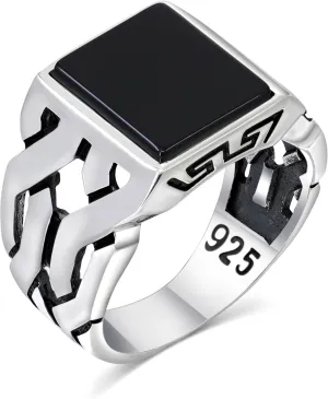 Sterling Silver Rings for Men - Cuban Link Mens Sterling Silver Ring with Black Onyx Stone, Anillos Para Hombre