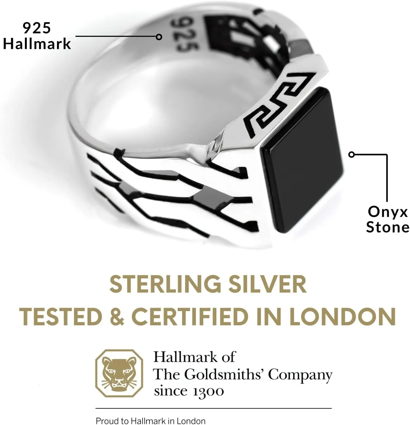 Sterling Silver Rings for Men - Cuban Link Mens Sterling Silver Ring with Black Onyx Stone, Anillos Para Hombre