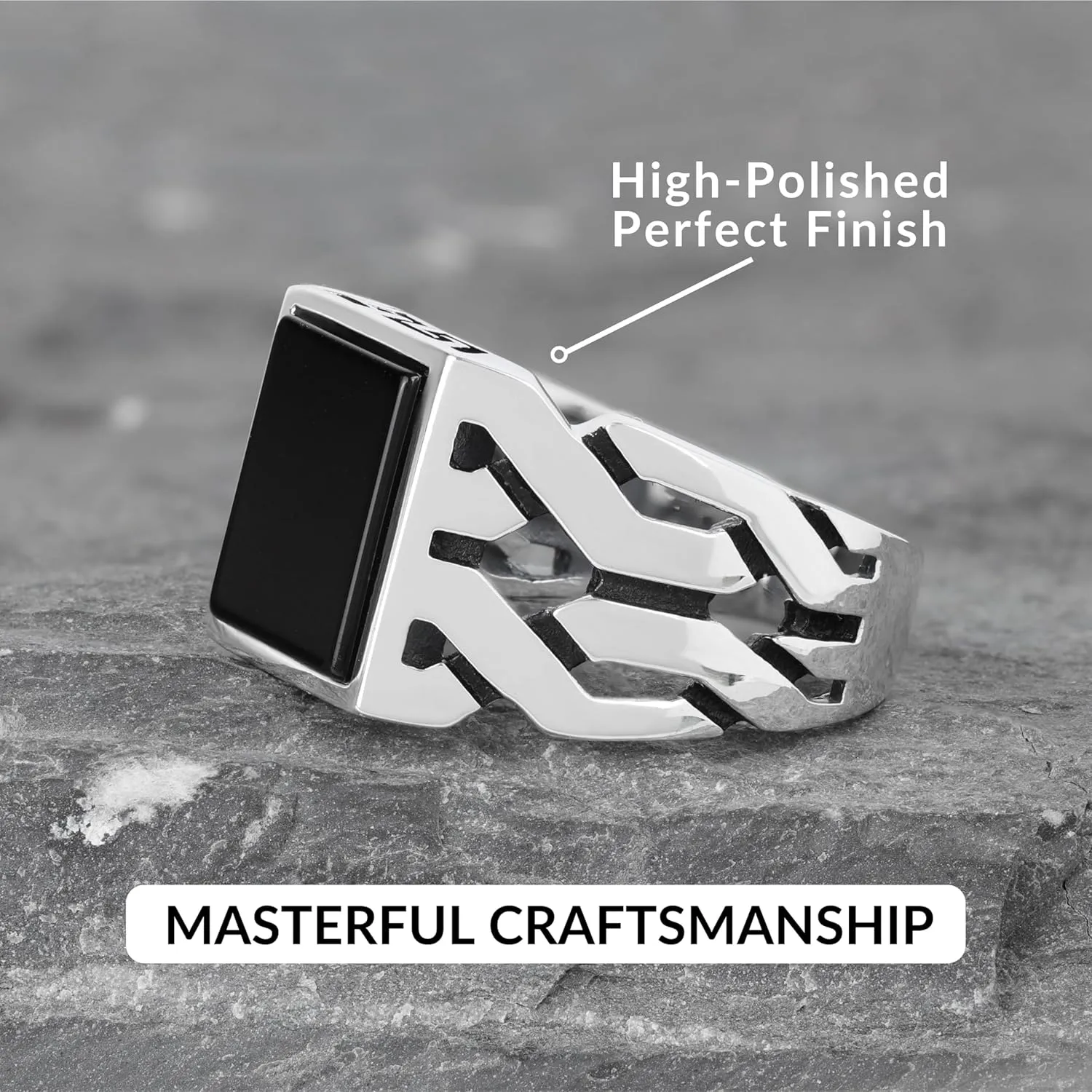 Sterling Silver Rings for Men - Cuban Link Mens Sterling Silver Ring with Black Onyx Stone, Anillos Para Hombre