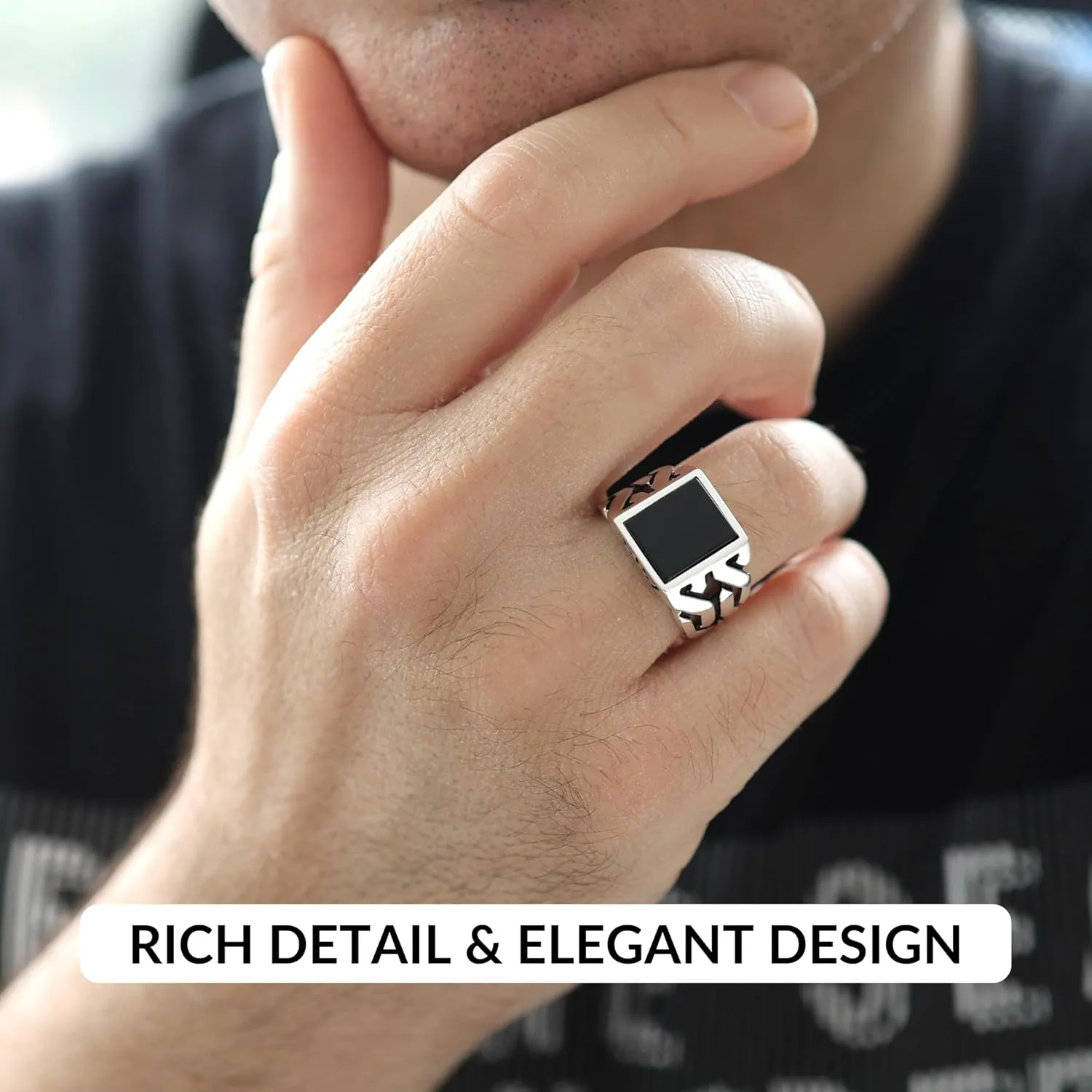 Sterling Silver Rings for Men - Cuban Link Mens Sterling Silver Ring with Black Onyx Stone, Anillos Para Hombre
