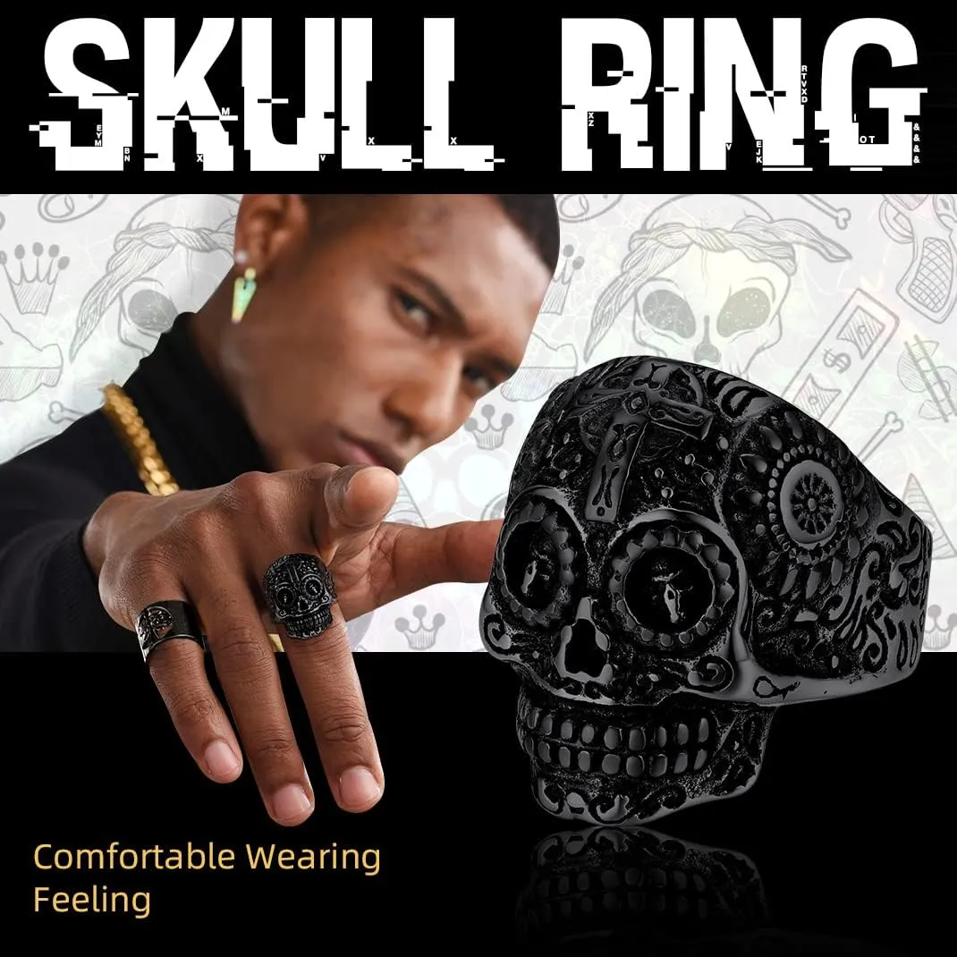 Sugar Skull Rings for Men Women, Stainless Steel Two Tone Mens Biker Ring Halloween Jewelry Day of the Dead Memory Jewelry For Death, Gift Box Included