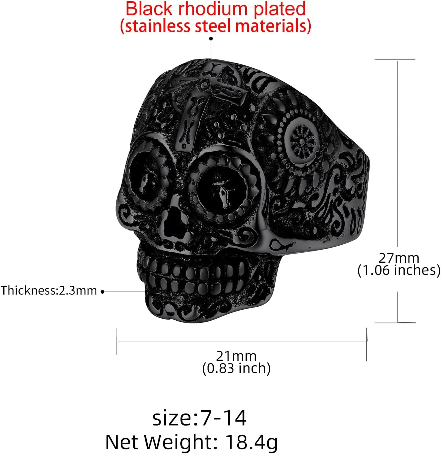 Sugar Skull Rings for Men Women, Stainless Steel Two Tone Mens Biker Ring Halloween Jewelry Day of the Dead Memory Jewelry For Death, Gift Box Included