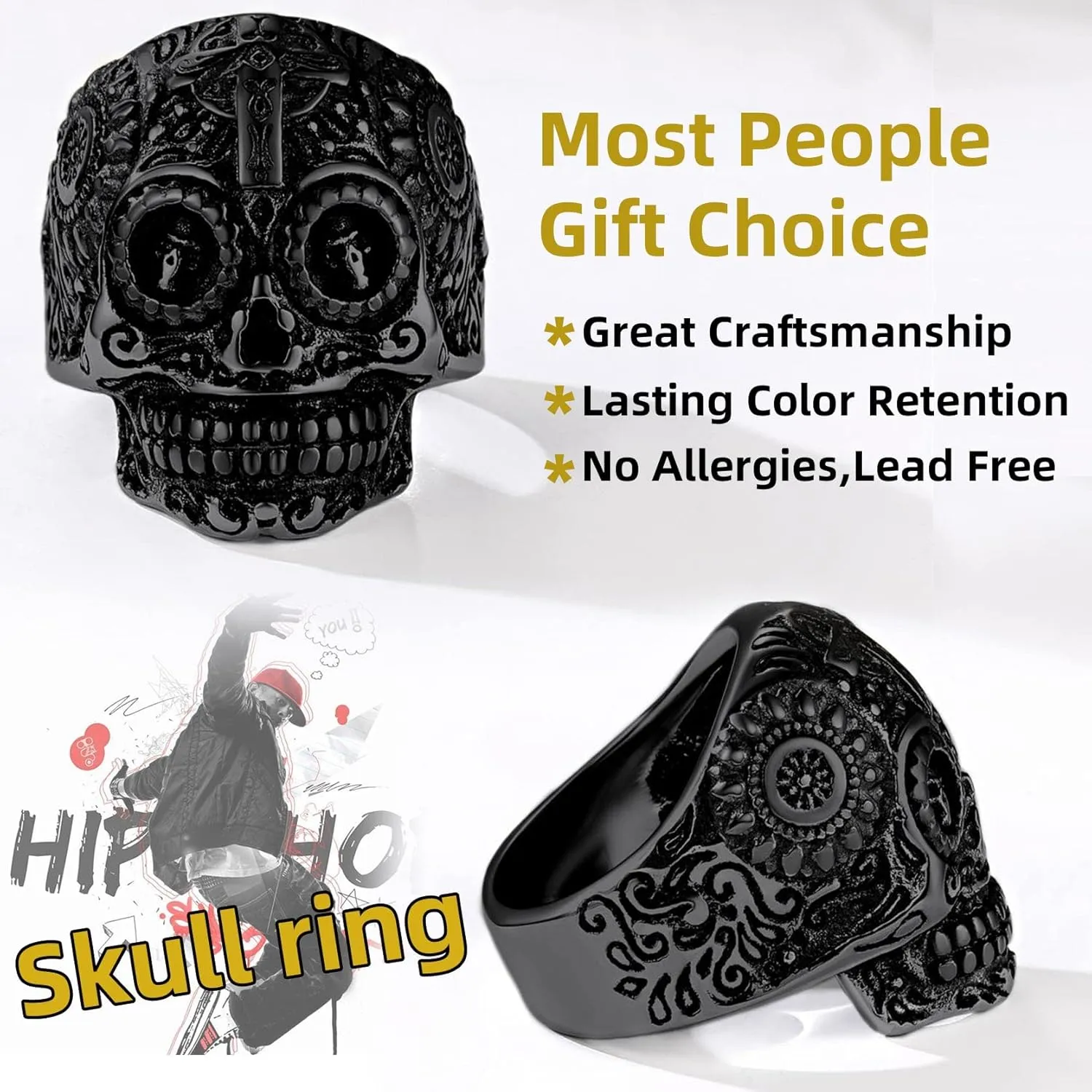 Sugar Skull Rings for Men Women, Stainless Steel Two Tone Mens Biker Ring Halloween Jewelry Day of the Dead Memory Jewelry For Death, Gift Box Included