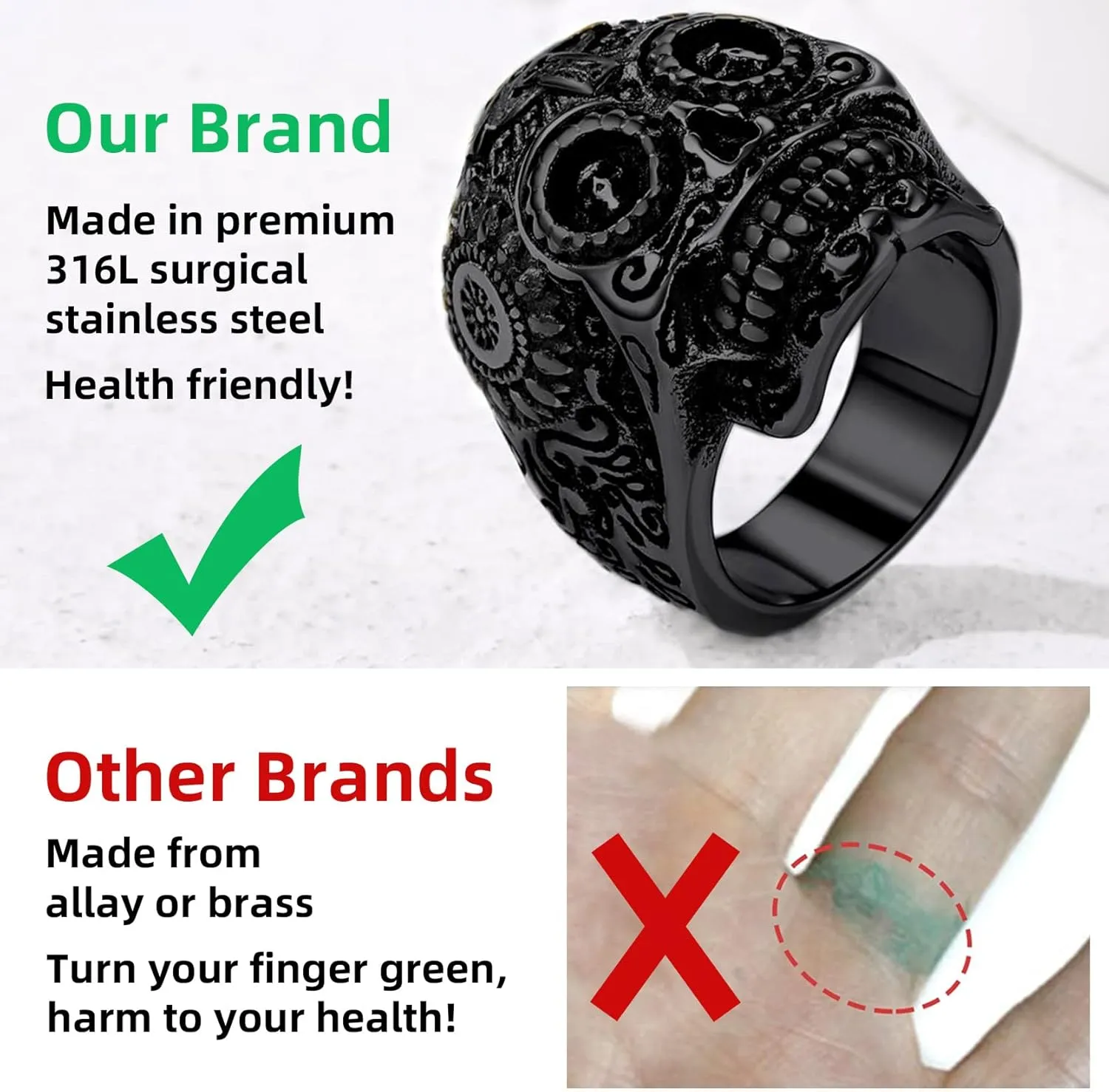 Sugar Skull Rings for Men Women, Stainless Steel Two Tone Mens Biker Ring Halloween Jewelry Day of the Dead Memory Jewelry For Death, Gift Box Included