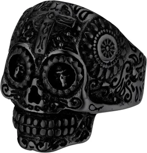 Sugar Skull Rings for Men Women, Stainless Steel Two Tone Mens Biker Ring Halloween Jewelry Day of the Dead Memory Jewelry For Death, Gift Box Included