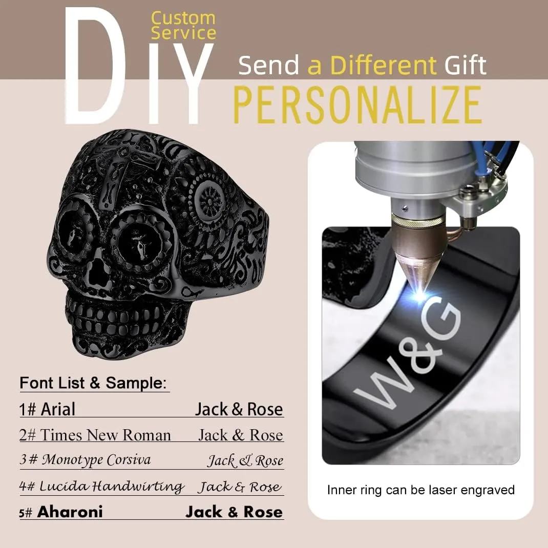 Sugar Skull Rings for Men Women, Stainless Steel Two Tone Mens Biker Ring Halloween Jewelry Day of the Dead Memory Jewelry For Death, Gift Box Included