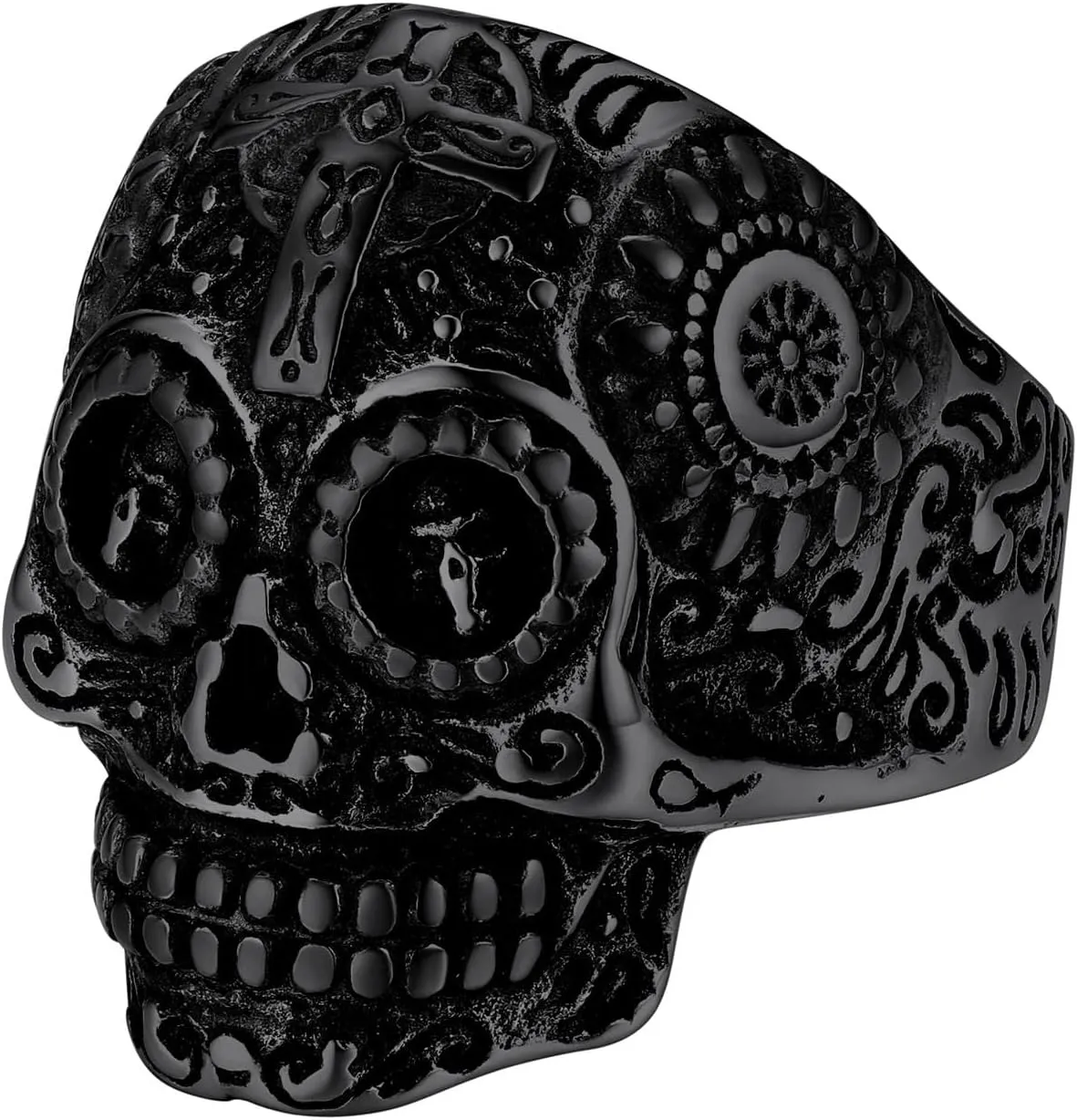 Sugar Skull Rings for Men Women, Stainless Steel Two Tone Mens Biker Ring Halloween Jewelry Day of the Dead Memory Jewelry For Death, Gift Box Included