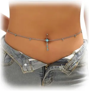 Summer Beach Crystal Belly Buttom Ring with Waist Chain Bikini Rhinestone Tassel Navel Piercing Dangle Belly Button Rings Waist Chain Sexy Belly Body Chain Jewelry for Women
