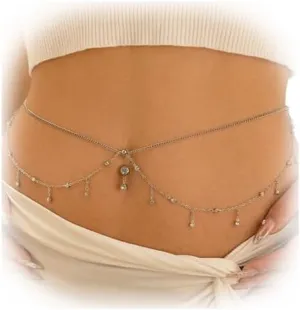 Summer Beach Multi-layer Crystal Belly Buttom Ring with Waist Chain Bikini Rhinestone Navel Piercing Dangle Belly Button Rings Waist Chain Sexy Belly Body Chain Jewelry for Women