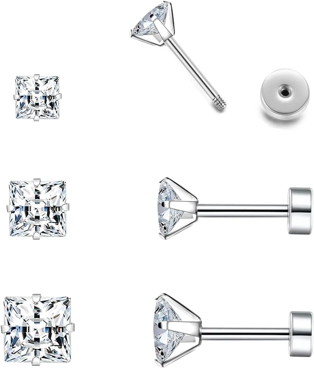 Surgical Steel Studs Earrings for Women Men,Hypoallergenic Silver 14K Gold Plated Stainless Steel Square/Heart/Five-Point Star Shape Cubic Zirconia Studs Earrings for Sensitive Ears Cartilage Helix Piercing