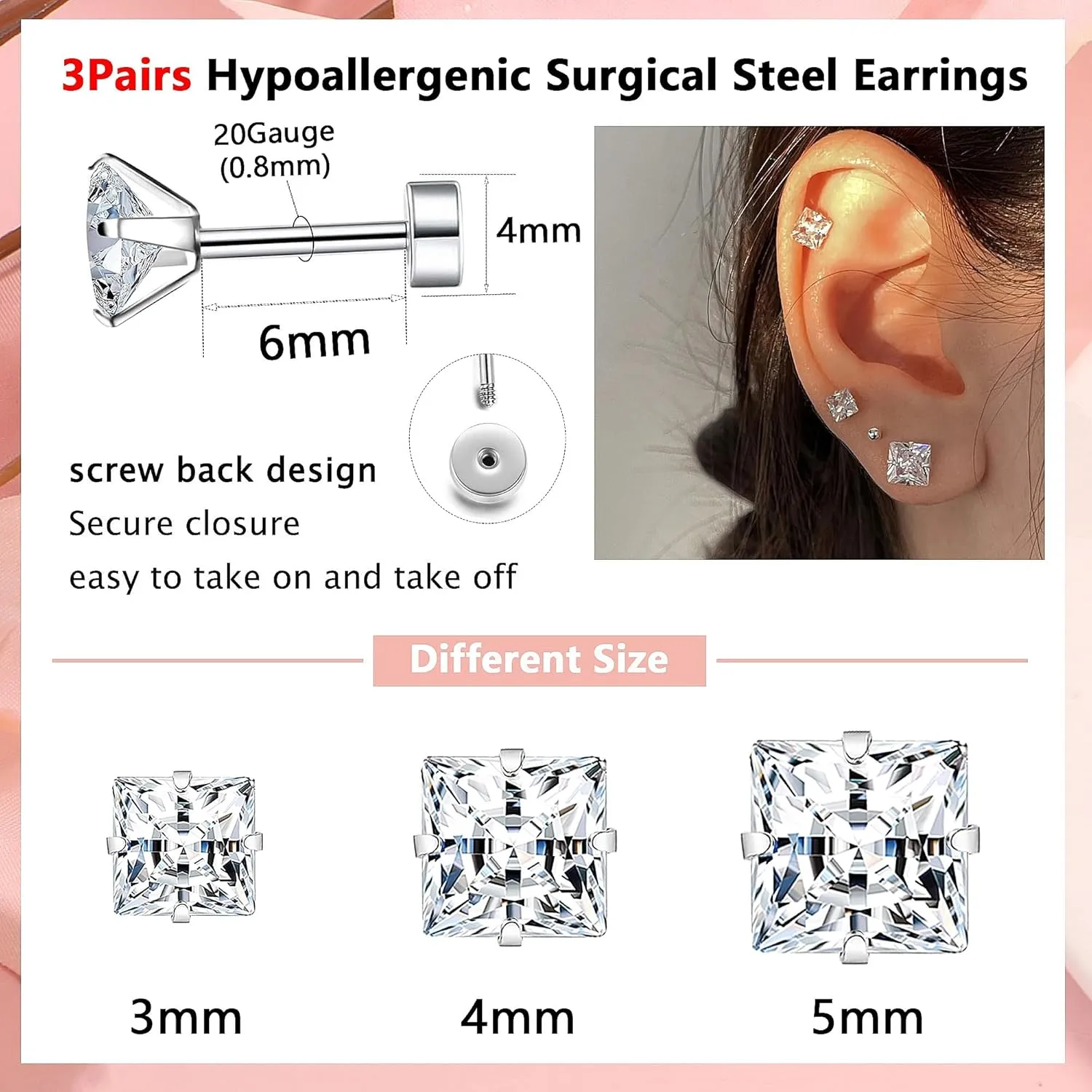 Surgical Steel Studs Earrings for Women Men,Hypoallergenic Silver 14K Gold Plated Stainless Steel Square/Heart/Five-Point Star Shape Cubic Zirconia Studs Earrings for Sensitive Ears Cartilage Helix Piercing