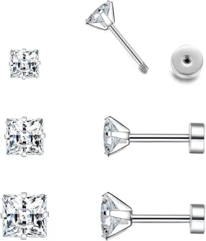 Surgical Steel Studs Earrings for Women Men,Hypoallergenic Silver 14K Gold Plated Stainless Steel Square/Heart/Five-Point Star Shape Cubic Zirconia Studs Earrings for Sensitive Ears Cartilage Helix Piercing