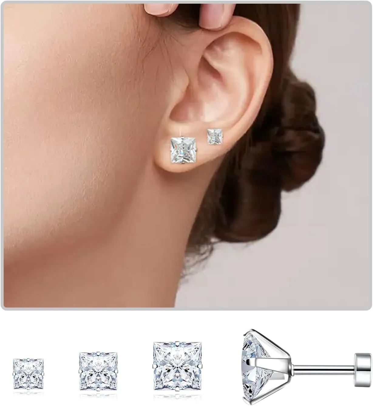 Surgical Steel Studs Earrings for Women Men,Hypoallergenic Silver 14K Gold Plated Stainless Steel Square/Heart/Five-Point Star Shape Cubic Zirconia Studs Earrings for Sensitive Ears Cartilage Helix Piercing