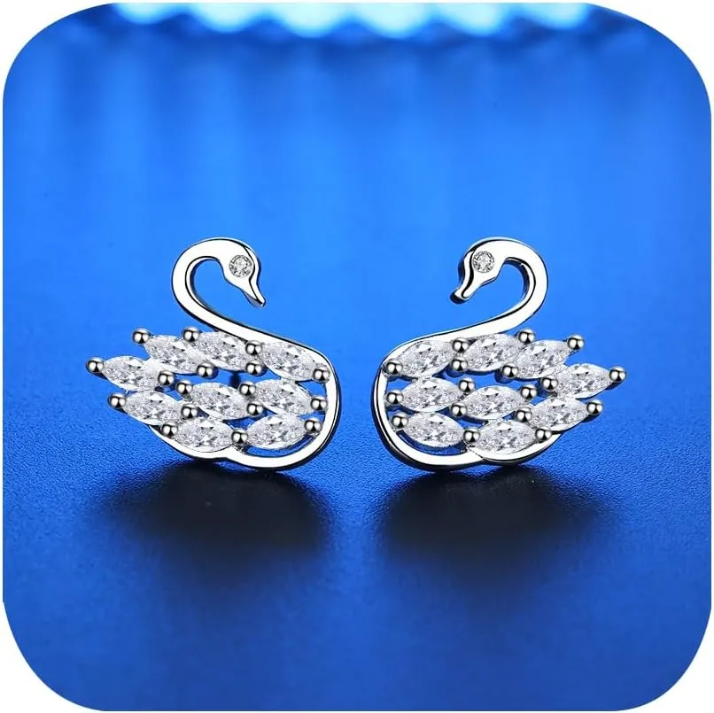Swan Stud Earring for Women Lovely 3D Cubic Zirconia CZ Stud Earrings 925 Silver Crystal Hypoallergenic Cluster Dainty Stud Earrings