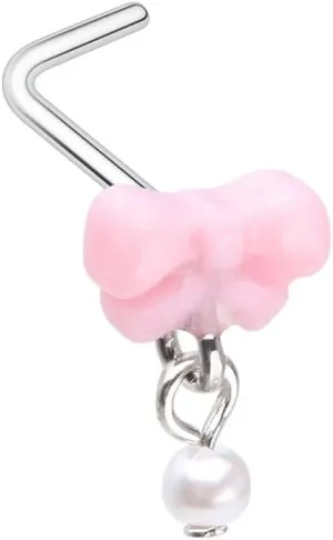 Sweet Kawaii Coquette Bow Pearl Dangle L-Shape Nose Ring