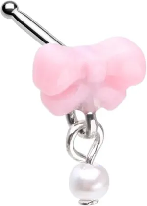 Sweet Kawaii Coquette Bow Pearl Dangle Nose Stud Ring